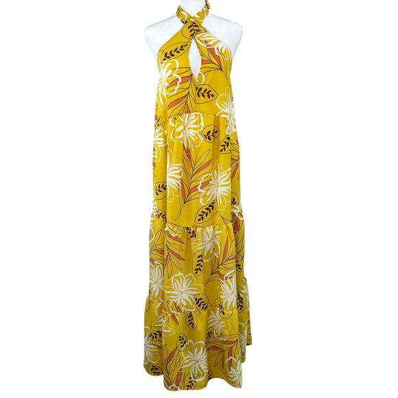 Mustard Yellow Boho Floral Backless Halter Tie Tiered Maxi Sundress Small New - Picture 3 of 14